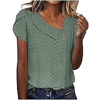 Women's V Neck T Shirts Casual Short Sleeve Eyelet Summer Tops Solid Color Loose Fit Tunic Blouses Sumer Outfits