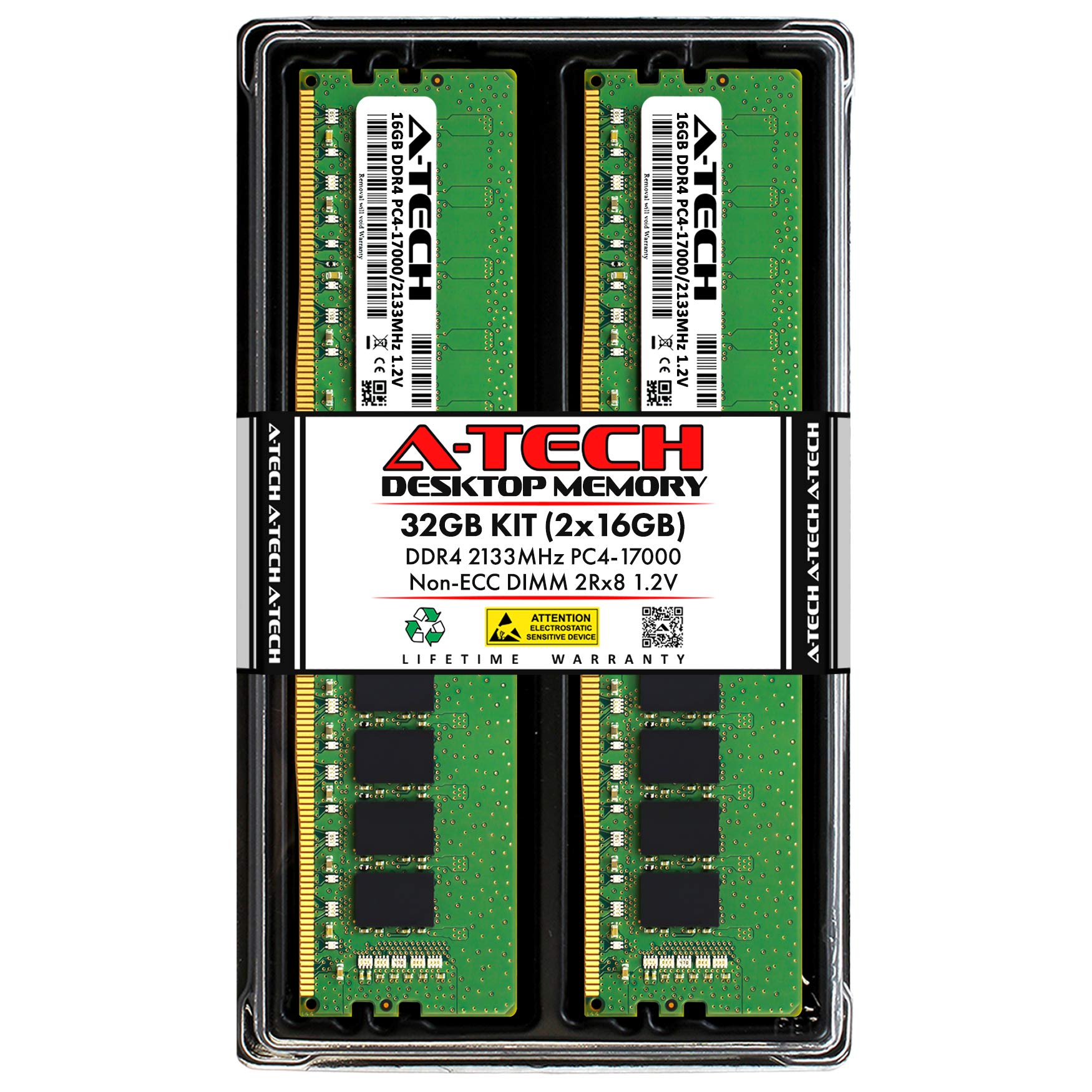 A-Tech 32GB (2x16GB) DDR4 2133 MHz UDIMM PC4-17000 (PC4-2133P) CL15 DIMM 2Rx8 Non-ECC Desktop RAM Memory Modules