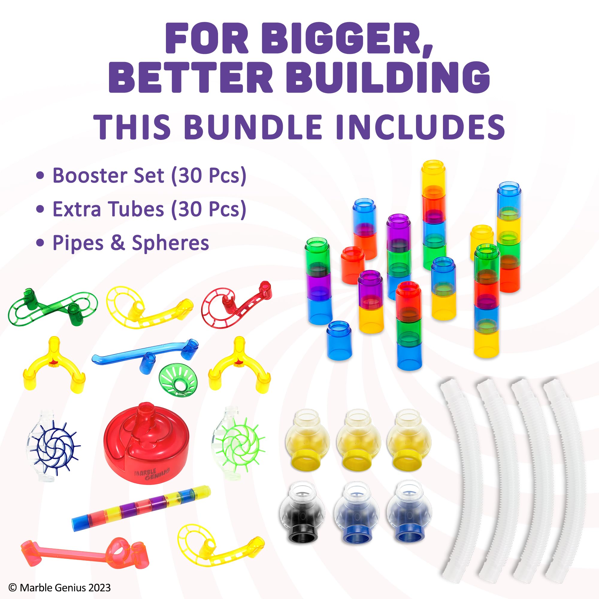 Marble Genius Bundle: Marble Run Booster Set (30 Pieces), Tubes Accessory (30 Pieces), Pipes & Spheres Accessory (10 Pieces), STEM Building & Learning Educational Construction