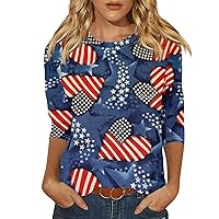 Independence Day 3/4 Sleeve Tops for Women 4th of July Shirt Summer 2024 Trendy Crew Neck USA Printed Tshirts