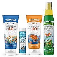 Badger Sun & Bug Bundle - SPF 40 Sport Mineral Sunscreen, SPF 40 Kids Sunscreen, SPF 35 Face Sunscreen Stick, and Bug Spray, Reef-Friendly Sunscreen with Zinc Oxide and DEET-Free Insect Repellent