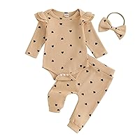 Kaipiclos Baby Girls Clothes 3Pc Rib Frill Long Sleeve Heart Print Romper + Pants + Headband Set Newborn Girl Outfits
