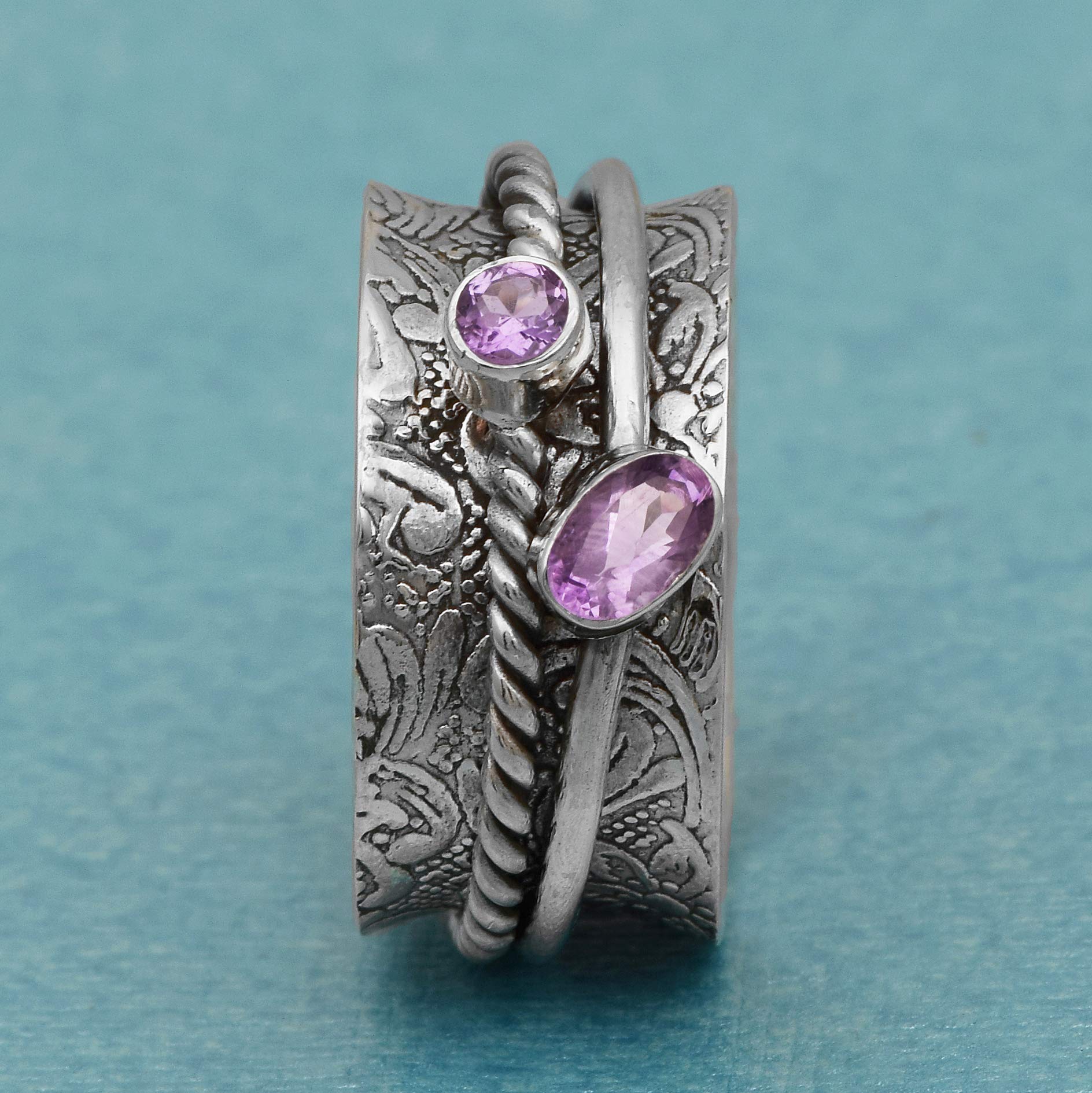 Spinner Ring|| Amethyst Gemstone Spin Band Textured Design 925 Sterling Silver Handmade Handmade Finish Meditation Fidget Ring