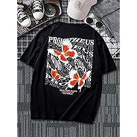 Mens T-Shirt Guys Butterfly Letter Graphic Tee Casual T-Shirt (Color : Black, Size : Small)