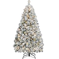 Yaheetech 4.5ft Pre-lit Artificial Christmas Tree with Incandescent Warm White Lights, Snow Flocked Full Prelighted Xmas Tree with 340 Branch Tips, 150 Incandescent Lights & Foldable Stand, White