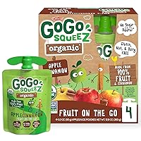 GoGo squeeZ Fruit on the Go Organic, Apple Cinnamon, 3.2 oz (Pack of 4), Unsweetened Organic Fruit Snacks for Kids, Gluten Free, Nut Free and Dairy Free, Recloseable Cap, BPA Free Pouches