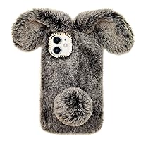 Bonitec Compatible with iPhone 14 Plus Fur Case for Girls, Luxury Cute Warm Handmade Rabbit Bunny Furry Fuzzy Fluffy Soft 3D Ear Rabbit Fur Hair Plush Ball Protective Case Cover for Women