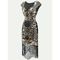 HIJNX Dresses for Women - Fringe Hem Sequin Decor Dress (Color : Black, Size : X-Large)