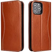 Genuine Leather Case for iPhone 14/14 Plus/14 Pro /14 Pro Max, Handmade Genuine Leather Cover and Shockproof TPU Inner Shell with Card Slots [Magnetic Closure],Brown,iPhone14 Pro Max