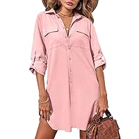 HOTOUCH Women's Oversized Button Down Shirt Dress with Pockets Long Sleeve Cotton Linen Cover Ups Casual Tunic Blouse Top