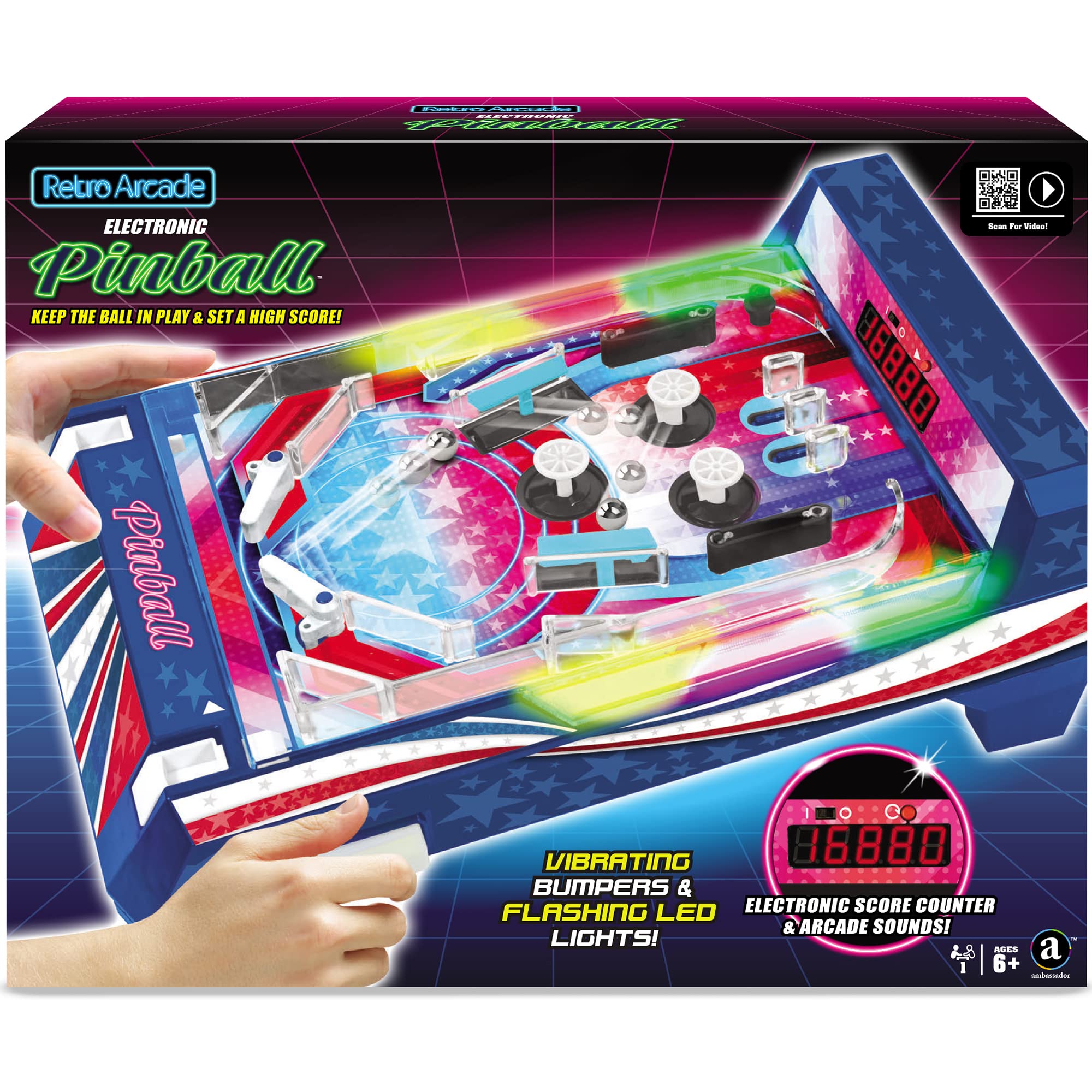 Retro Arcade Electronic: Pinball - Tabletop Game, Vibrating Bumpers, LED Lights, Sound Effects, 1 Player, Ages 6+