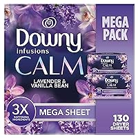 Downy Infusions Mega Dryer Sheets, Laundry Fabric Softener, CALM, Lavender and Vanilla Bean, 130 Count