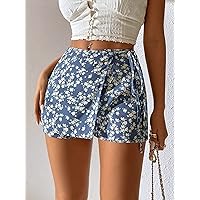 Shorts for Women Shorts Women's Shorts Ditsy Floral Wrap Knot Side Skort Shorts (Color : Blue and White, Size : XX-Small)