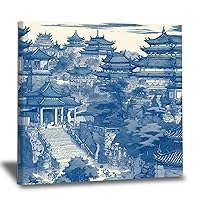 WoGuangis Chinoiserie Asian Aqua Blue Pagoda Canvas Poster Wall Art Oriental Ancient China Garden Wall Art Picture Canvas Print Asian Scenic Chinoiserie Canvas Wall Art for Living Room 12x12in