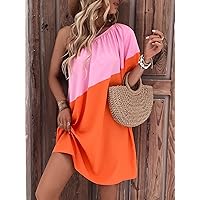 Dresses for Women - Two Tone Puff Sleeve Dress (Color : Multicolor, Size : X-Large)