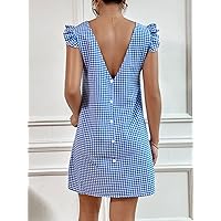 Dresses for Women 2022 Gingham Fake Button Cap Sleeve Tunic Dress (Color : Blue and White, Size : X-Small)