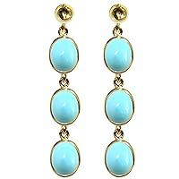 BJC® 9ct Yellow Gold Natural Turquoise 9.00ct Oval Triple Drop Dangling Stud Earrings With Luxurious Jewellery Gift Box