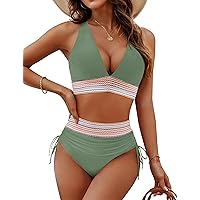 Blooming Jelly Womens High Waisted Bikini Sets Color Block Tummy Control Swimsuits Drawstring Two Piece Bathing Suit 2024