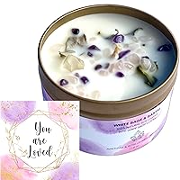 White Sage Smudge Candle with Rose Quartz and Amethyst Gemstone Crystals 100% Natural Soy Wax Scented with Essential and Fragrance Oils