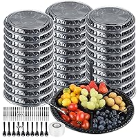 30 Pieces Appetizer Serving Trays with Lids 12.5 Inches Disposable Veggie Fruit Tray 6 Divided Compartment Container Round Food Container Platter with Forks for Party Buffet（ Black ）