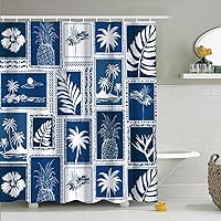 Navy Blue Checked Shower Curtain 72x72inches, Summer Palm Leaves Shower Curtains for Bathroom Pineapples Flowers Waterproof Fabric Shower Curtain Set with Hooks