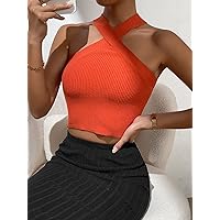 Women's Sweaters Women's Sweaters Fall Ribbed Crop Halter Knit Top Cute Women's Sweaters SupShip (Color : Orange, Size : X-Small)