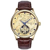 WhatsWatch Men's Gold Watch Emboss 3D Chinese Dragon Brown Leather Band Waterproof Automatic Wristwatch