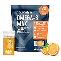 Coromega MAX High Concentrate Omega 3 Fish Oil, 2400mg Omega-3s with 3X Better Absorption Than Softgels, 30 Single Serve Packets, Citrus Burst Flavor; Supplement with Vitamin D