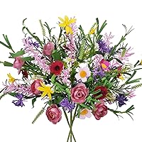 GTIDEA 3 Bundles Spring Flowers Artificial for Decoration Faux Roses Bouquet with Daisies Fake Silk Floral Arrangement for Home Kitchen Table Vase Party Wedding Decor (19.6in)