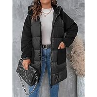 2022 Women's Plus Size Coats Fashion Plus Contrast Teddy Raglan Sleeve Hooded Puffer Coat Work Leisure Fashion Comfortable Warm (Color : Black, Size : X-Large)