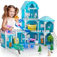 Doll House, Dream Doll House Furniture Blue Girl Toys, 3 Stories 7 Rooms Dollhouse with 2 Princesses Slide Accessories, Toddler Playhouse Gift for for 3 4 5 6 7 8 9 10 Year Old Girls Toys
