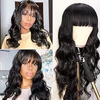 Body Wave Human Hair Wigs with Bangs None Lace Front Wigs 150% Density Glueless Machine Made Brazilian Virgin Human Hair Wigs for Black Women Natural Color(18 Inch, Body Wave)