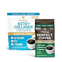 Perfect Low Acid Ground Coffee, 11 oz & Keto + Collagen Vanilla Creamer, 10 oz | Infused with Superfoods (Collagen, Coconut Water, MCT, Dairy-Free) for body and brain health