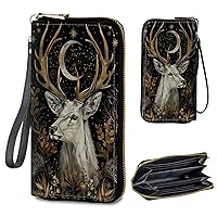 Womens Wallet PU Leather Wristlet Wallets for Women, Large Capacity Lady Fashion Wallet Card Holder Zipper Wallet with RFID Blocking Phone Wristlet Purse, Beautiful White Deer Moon