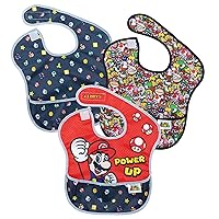 Bumkins Nintendo Bibs for Girl or Boy, SuperBib Baby and Toddler 6-24 Months, Essential Must Have for Eating, Feeding, Baby Led Weaning, Mess Saving Waterproof Soft Fabric, 3-pk Super Mario Power Up
