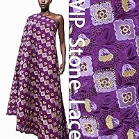 African Cotton Lace Fabric with Stones, Premium Swiss Voile, for Fashion Sewing, 5 Yards per Piece. (Purple)