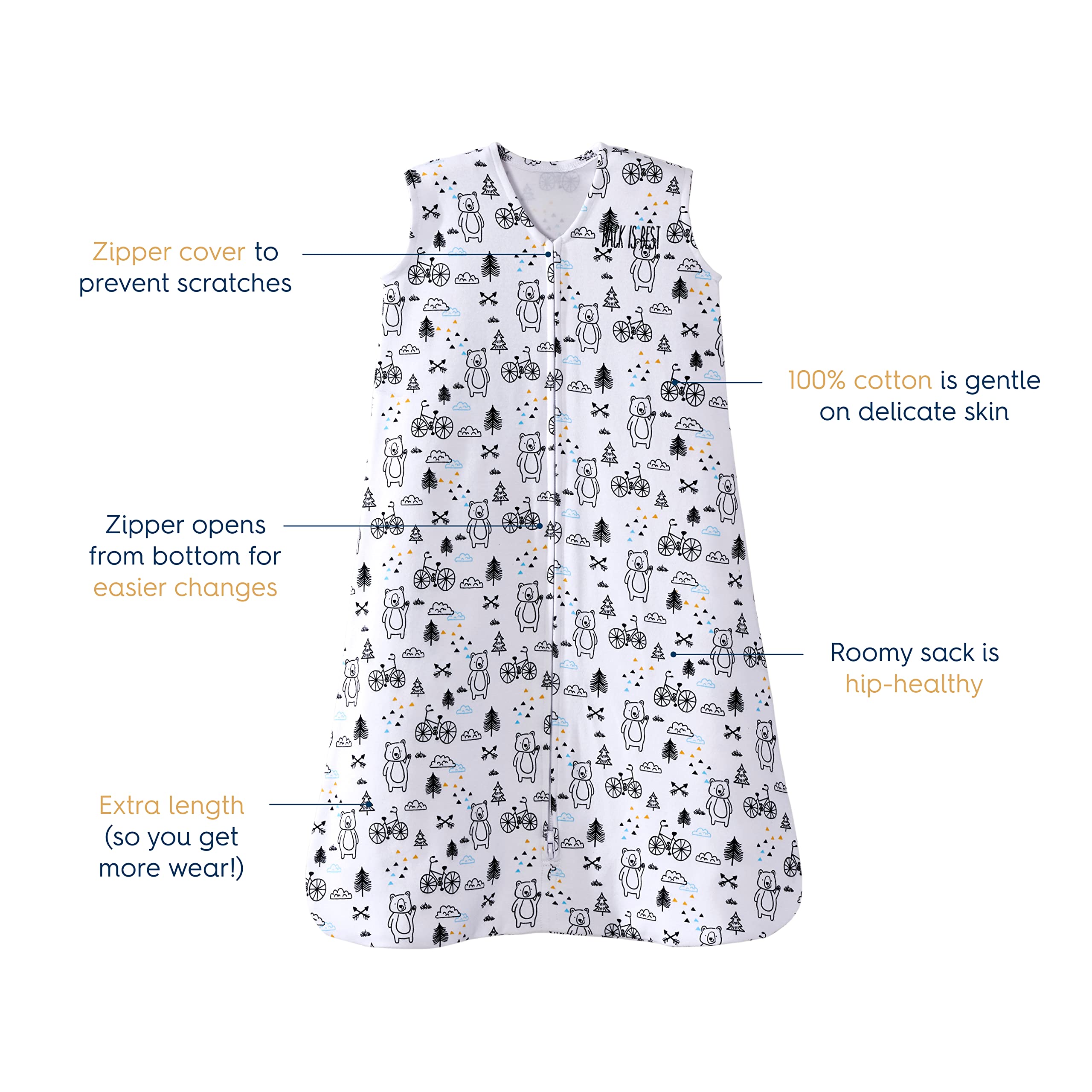 HALO Sleepsack, 100% Cotton Wearable Blanket, Swaddle Transition Sleeping Bag, TOG 0.5, Huggy Bears, Small, 0-6 Months