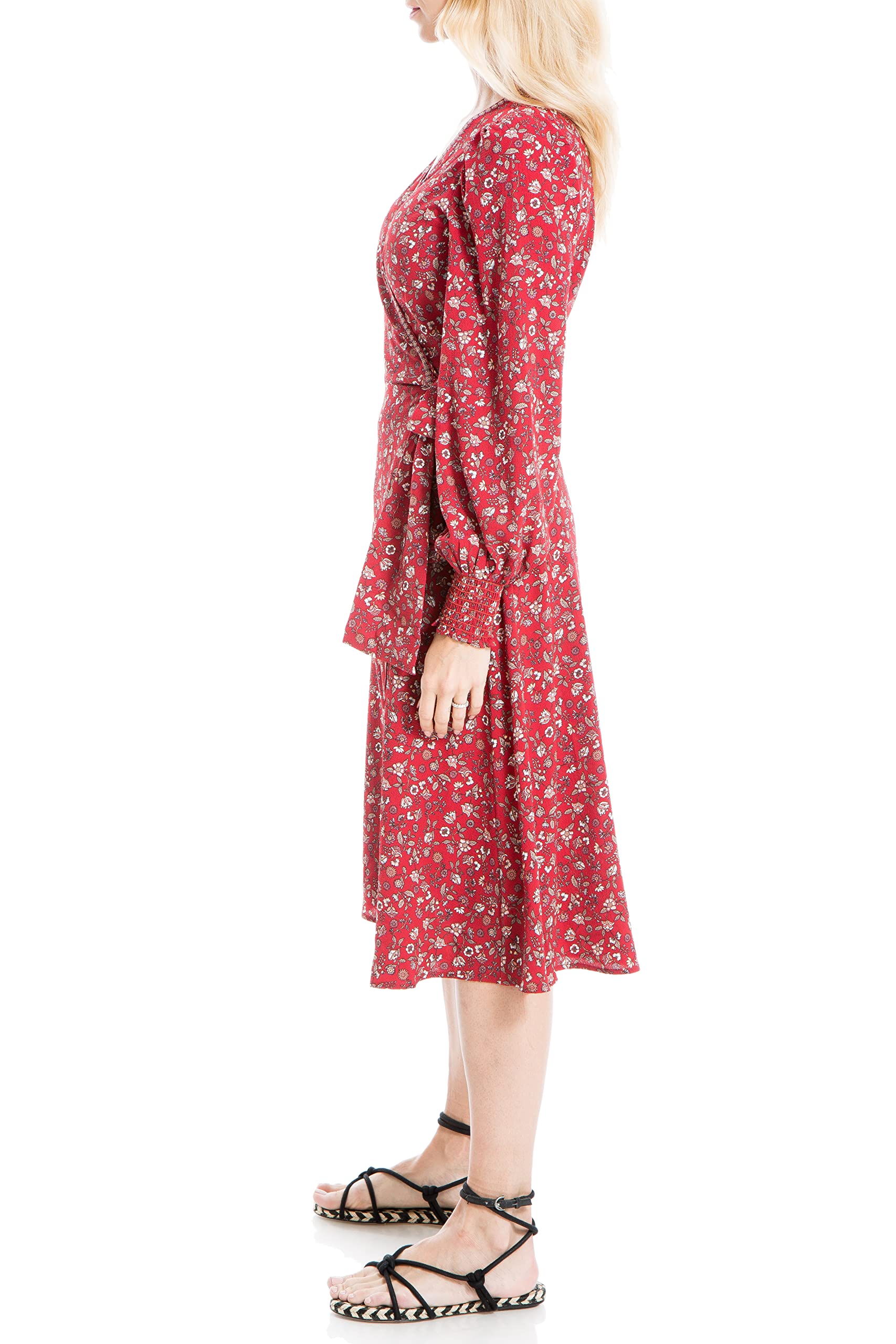 Max Studio Women's Crepe Long Sleeve Smocked Cuff Wrap Midi Dress