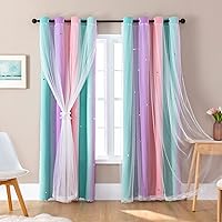 XiDi Dream Star Blackout Curtains for Kids Rooms Girl Princess Curtain for Daughter Bedroom Window (Pink Purple Green, W52 X L84)