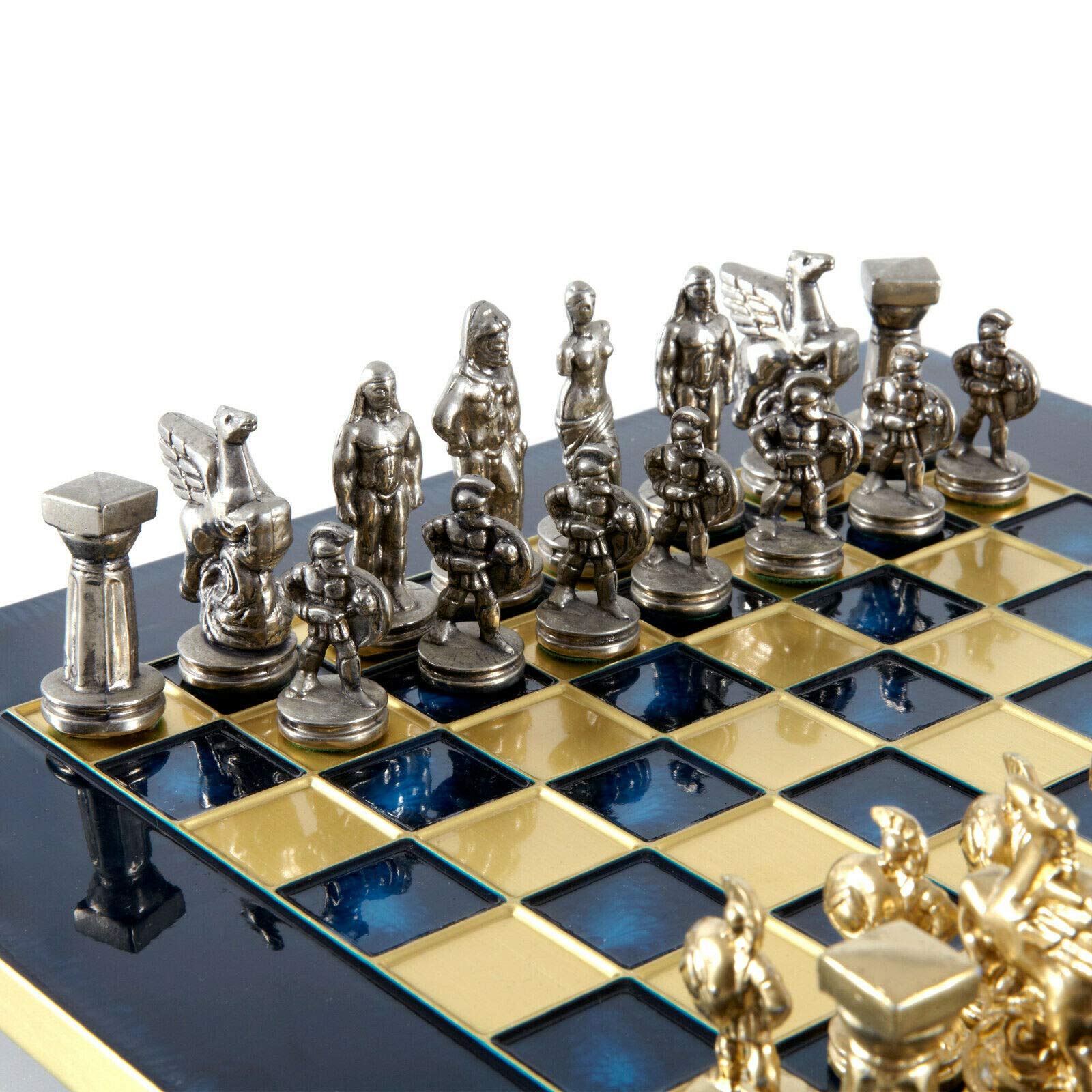 Manopoulos Spartan Warriors Chess Set - Brass&Nickel - Blue Chess Board