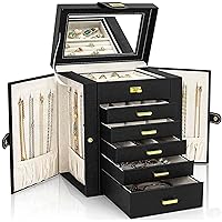 Jewelry Box Organizer Functional Leather Jewelry Storage Case for Women Girls Ring Necklace Earring Bracelet Holder Organizer with Mirror Black