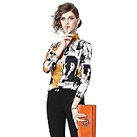 Women's Letter Print Long Sleeves Collared Neck Button up Tops Casual Blouse