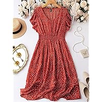 Plus Women's Dress Plus Polka Dot Butterfly Sleeve Dress (Color : Rusty Rose, Size : X-Large)