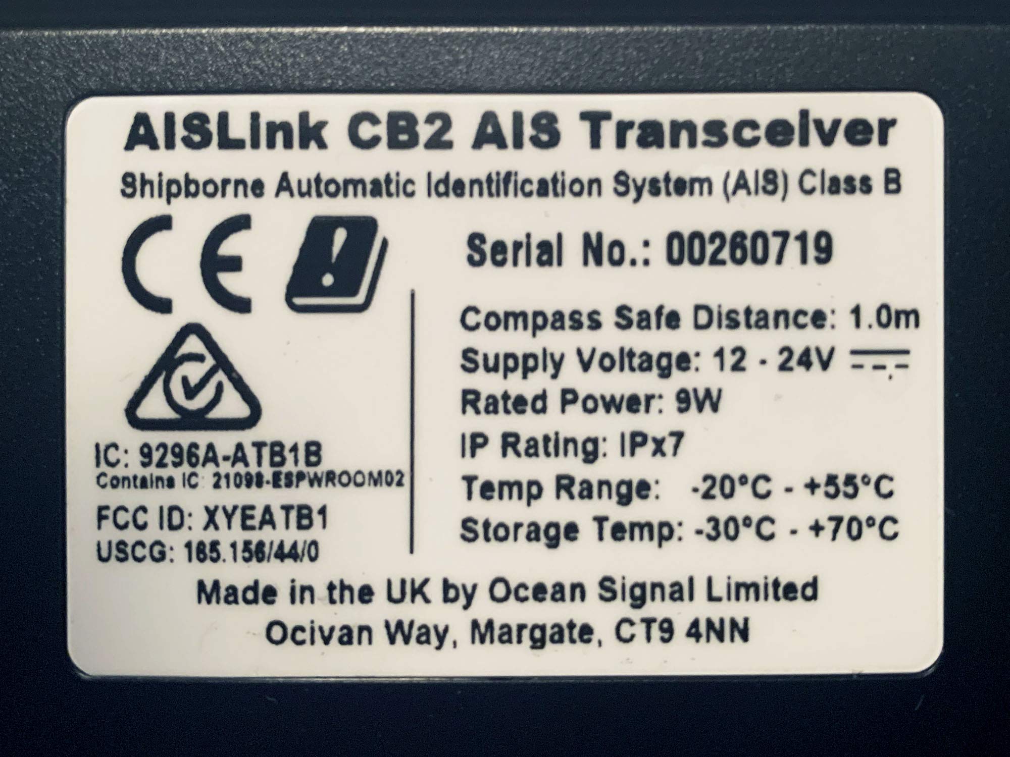 AISLink CB2 Class B+ AIS Transponder with Built in WiFi, GPS, NMEA 0183, NMEA 2000, USB, and Mobile app