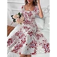 Dresses for Women Women's Dress Allover Floral Print Shirred Back Ruffle Hem Dress Dresses (Color : Red and White, Size : Medium)