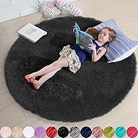 Black Round Rug for Bedroom,Fluffy Circle Rug 5'X5' for Kids Room,Furry Carpet for Teen's Room,Shaggy Circular Rug for Nursery Room,Fuzzy Plush Rug for Dorm,Black Carpet,Cute Room Decor for Baby