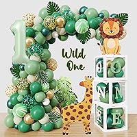 Amandir 115PCS Wild One Birthday Decorations Balloon Boxes, Sage Green Gold Balloon Garland Arch Kit Number1 Artificial Leaves for Safari Jungle Theme First 1st Birthday Party Supplies Kids Boy Girl