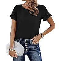 Women's Short Sleeve T Shirts Ruffle Summer Loose Fit Cotton Tunic Plain Casual Tops 2024