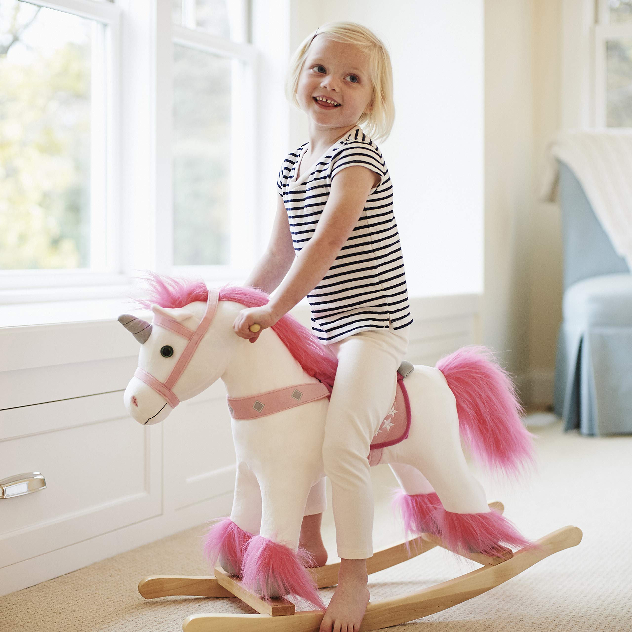 Animal Adventure | Real Wood Ride-On Plush Rocker | White and Pink Unicorn | Perfect for Ages 3+