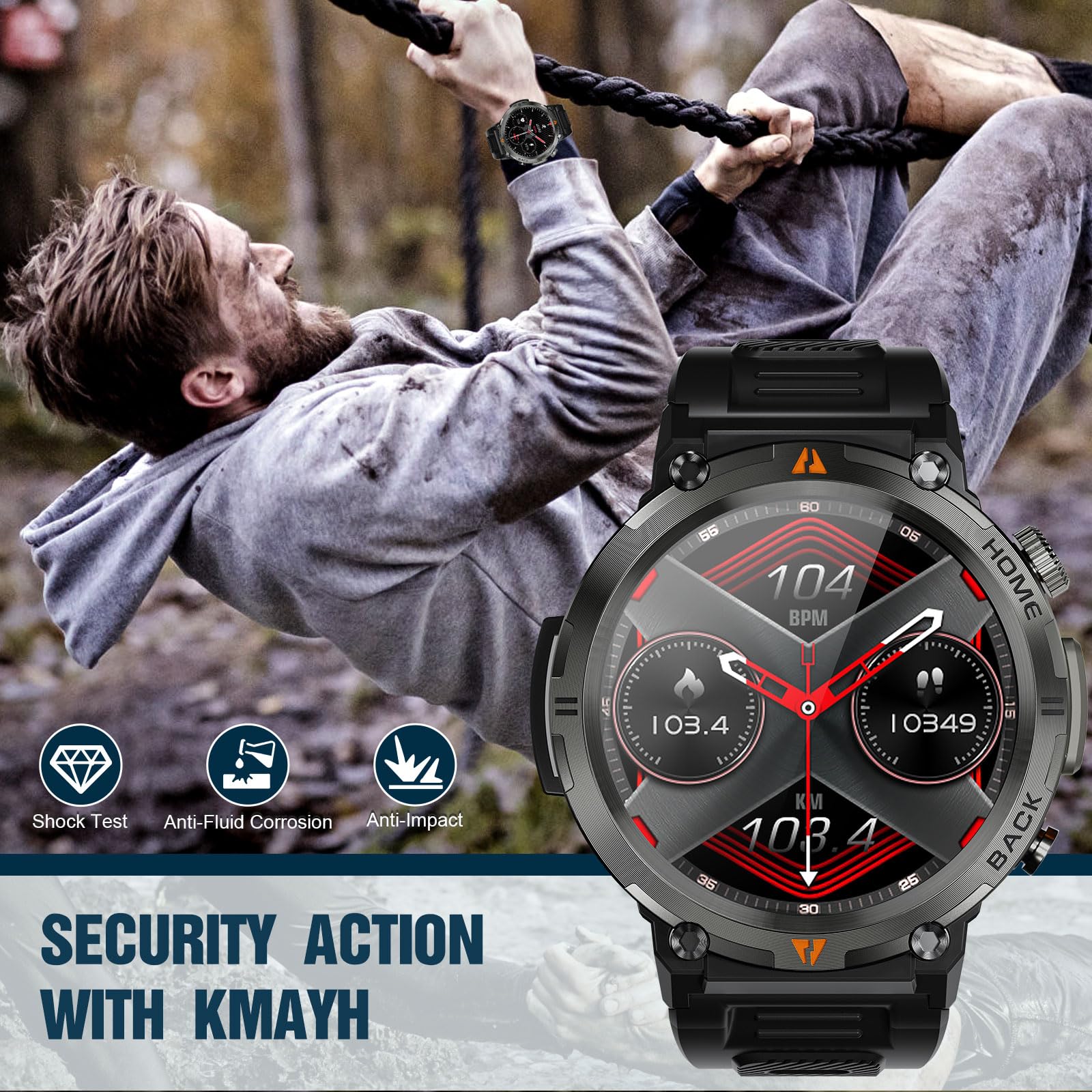 Military Smart Watch for Men with Flashlight(Bluetooth Call/Answer), 1.45” Rugged Tactical Smartwatch for Sleep Heart Rate Pedometer, Outdoor Fitness Tracker Compatible with Android iPhone Black
